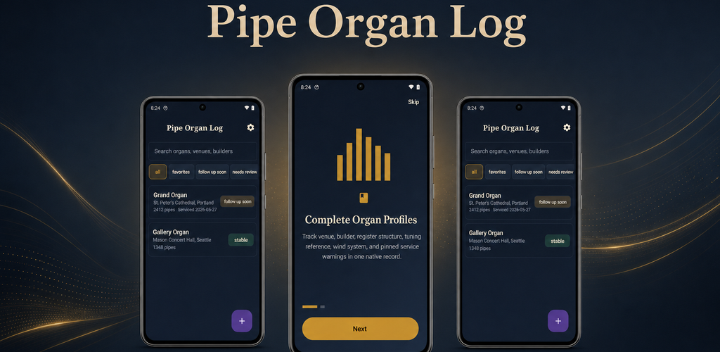 Pipe Organ Log promotional banner with phones