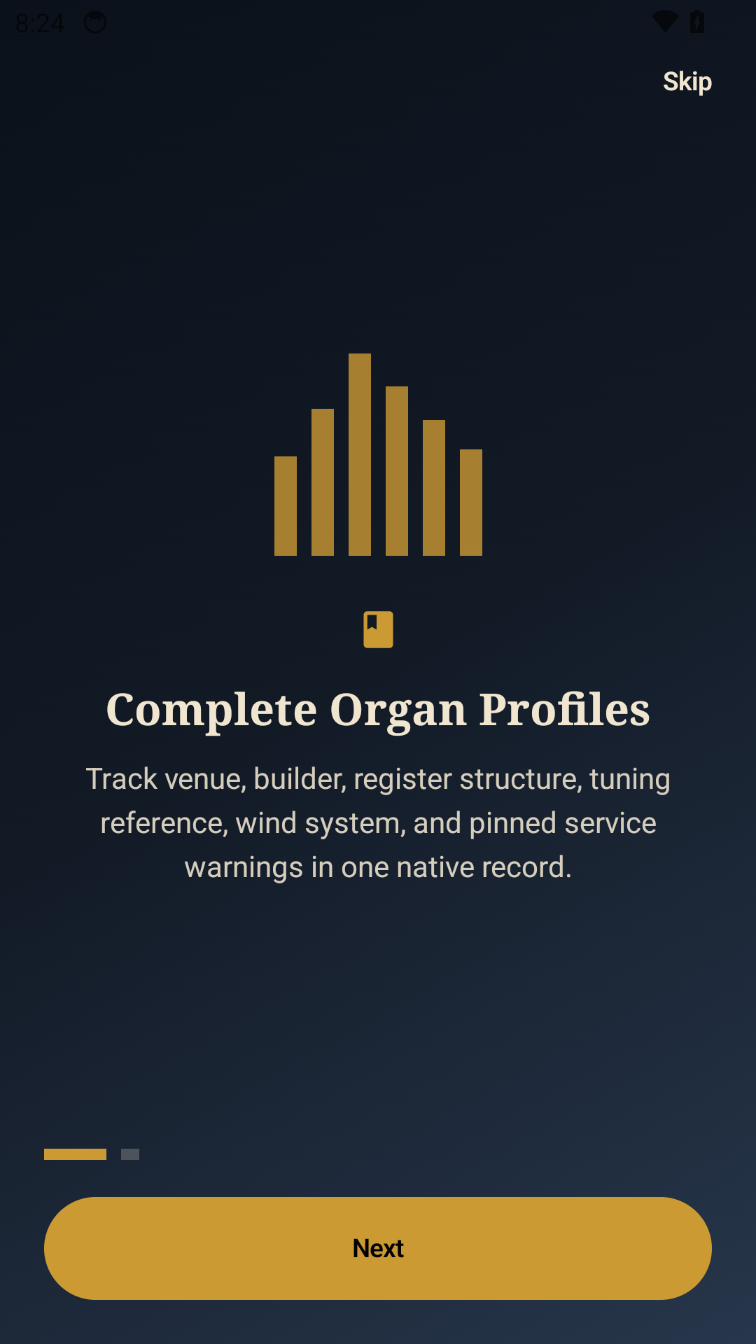 Pipe Organ Log onboarding screen