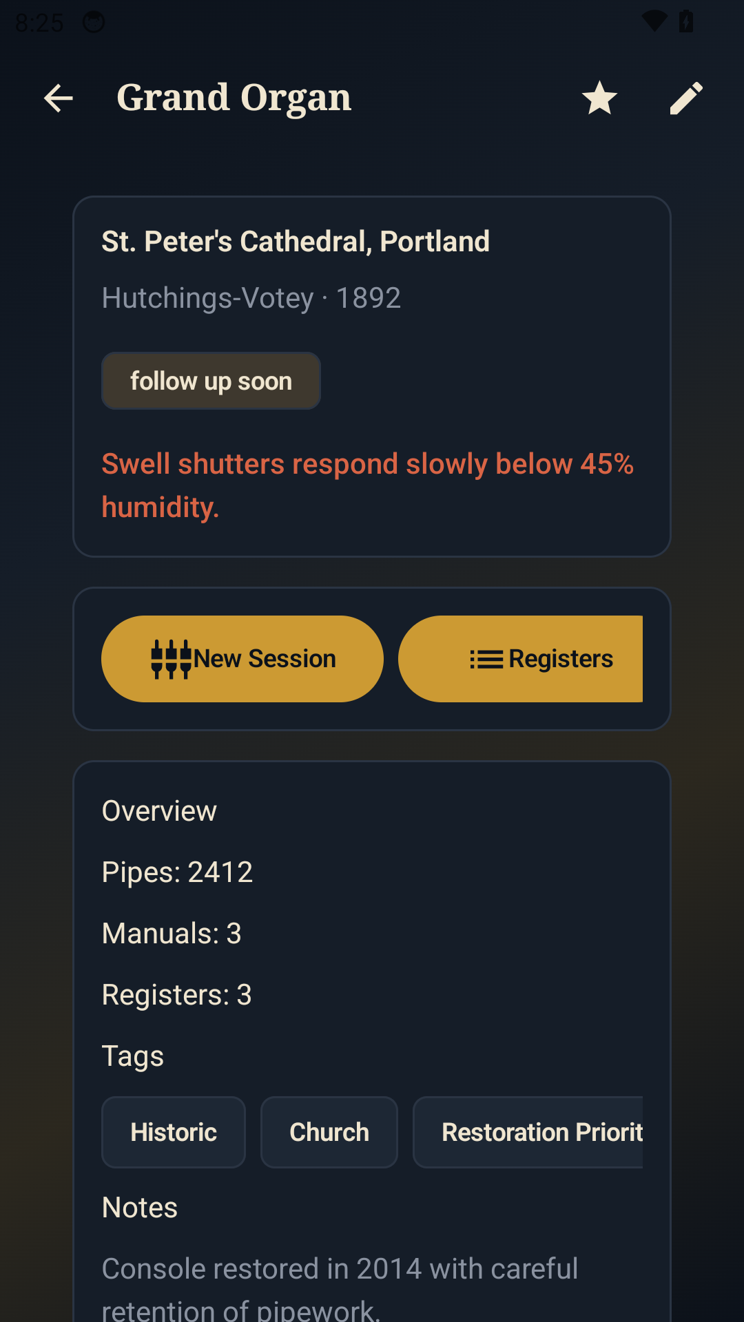 Pipe Organ Log organ profile screen